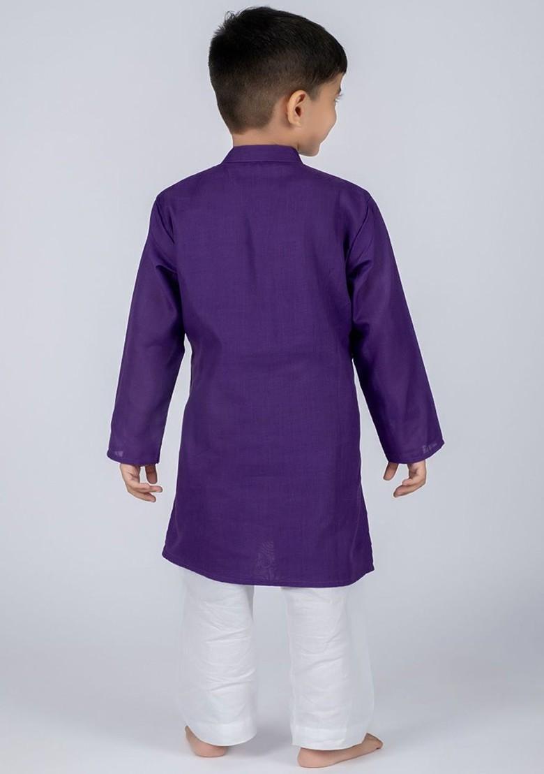 Purple Embroidered Cotton Kurta Set For Boys - Indya