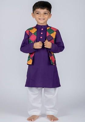 Purple Embroidered Cotton Kurta Set For Boys