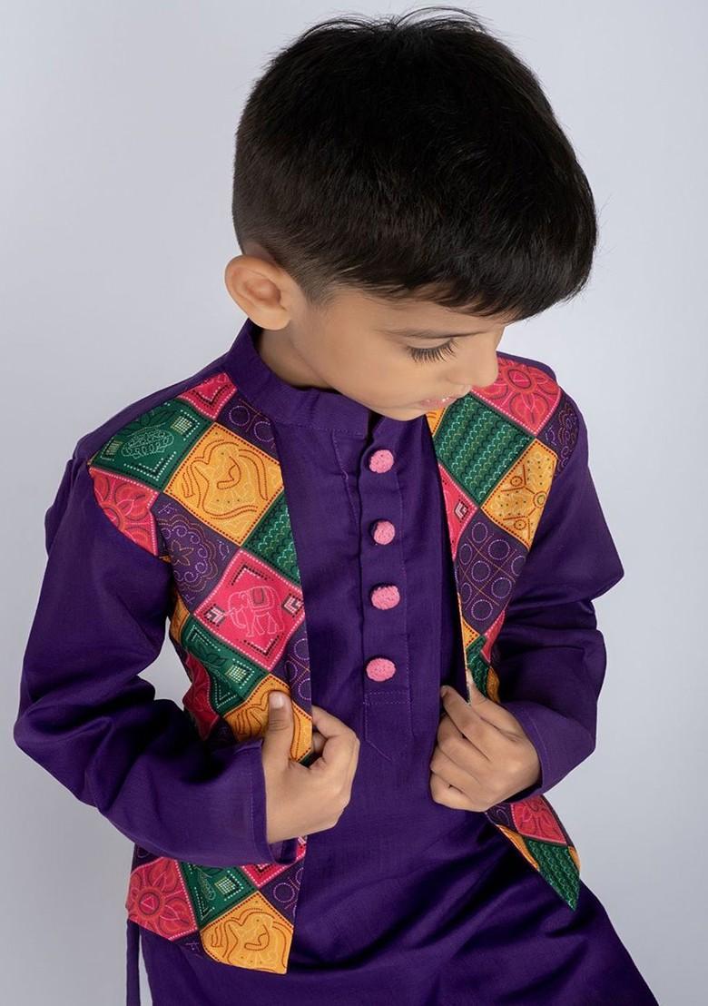 Purple Embroidered Cotton Kurta Set For Boys - Indya