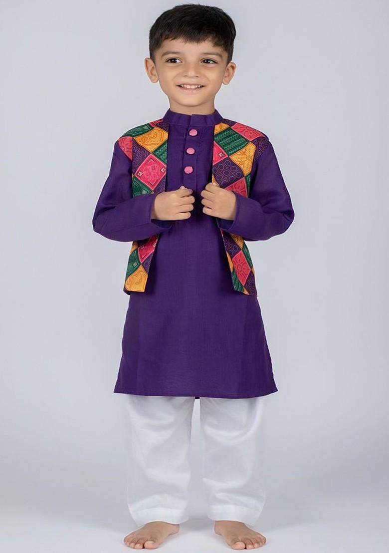 Purple Embroidered Cotton Kurta Set For Boys - Indya