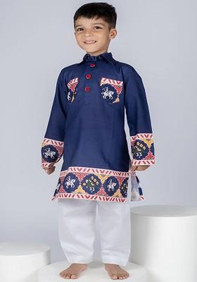 Blue Printed Cotton Kurta Set For Boys
