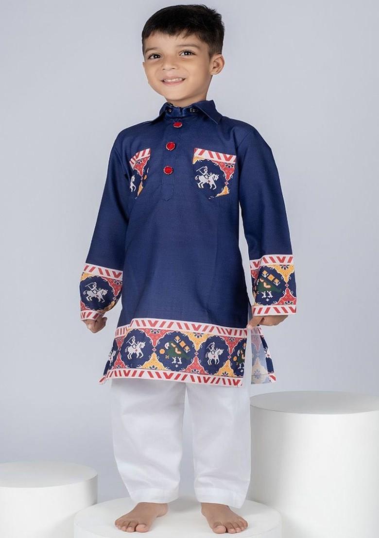 Blue Printed Cotton Kurta Set For Boys - Indya