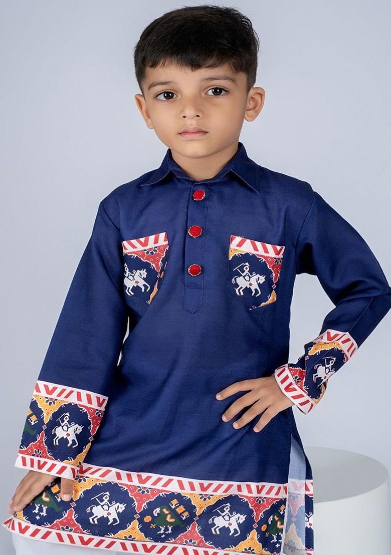 Blue Printed Cotton Kurta Set For Boys - Indya