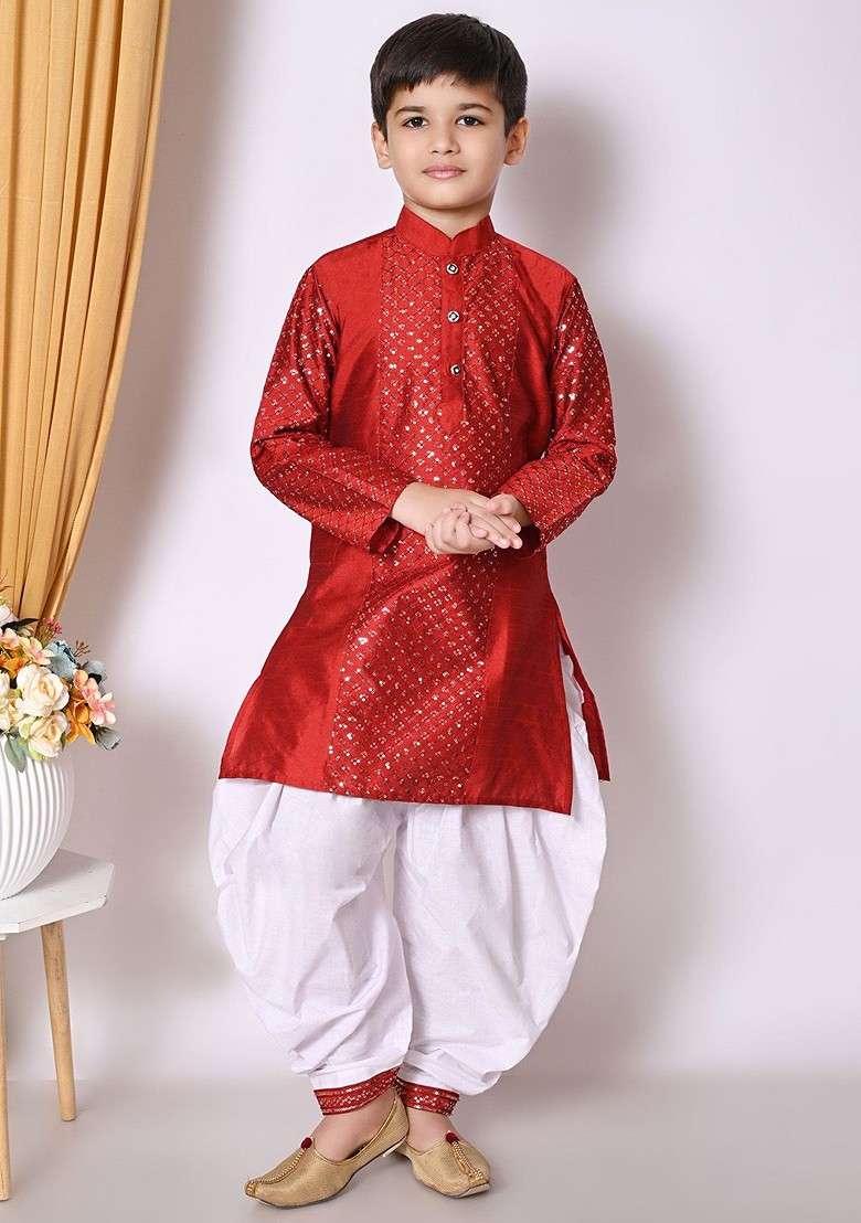 Maroon Embroidered Blended Kurta Set For Boys - Indya