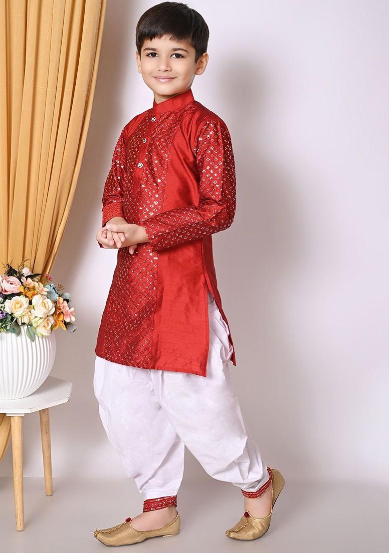 Maroon Embroidered Blended Kurta Set For Boys - Indya