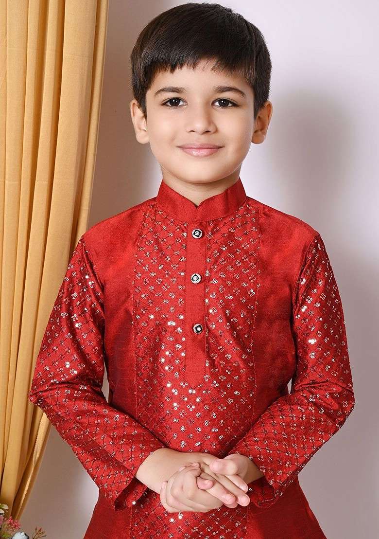 Maroon Embroidered Blended Kurta Set For Boys - Indya