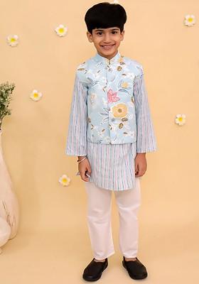 Blue Printed Cotton Kurta Set For Boys
