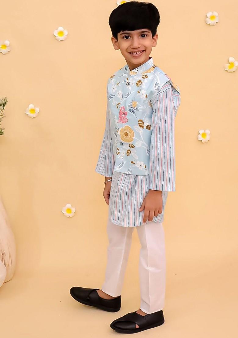 Blue Printed Cotton Kurta Set For Boys - Indya