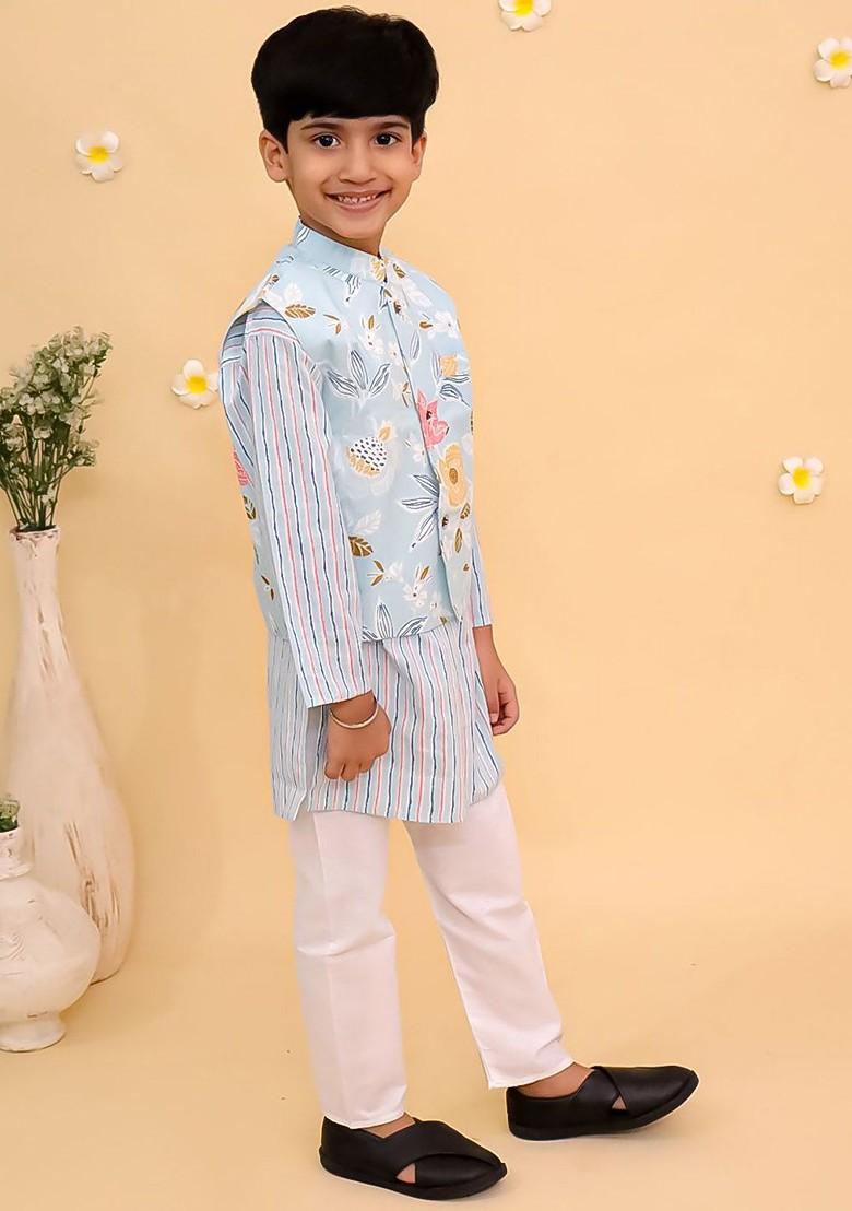 Blue Printed Cotton Kurta Set For Boys - Indya