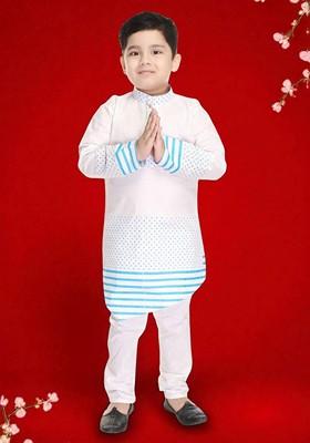 White Printed Blended Kurta Set For Boys