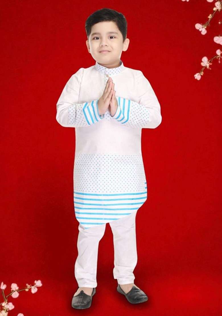 White Printed Blended Kurta Set For Boys - Indya