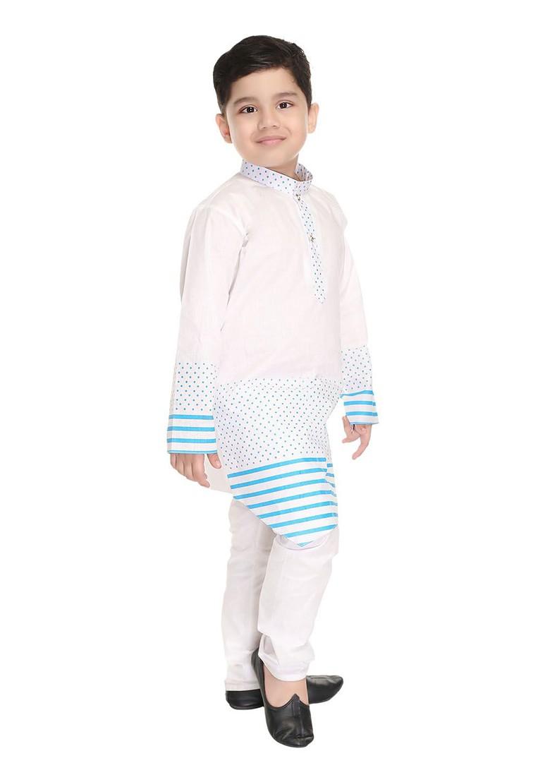 White Printed Blended Kurta Set For Boys - Indya