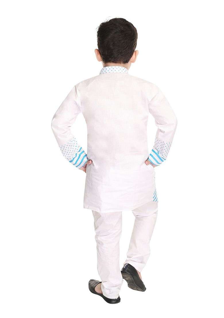 White Printed Blended Kurta Set For Boys - Indya