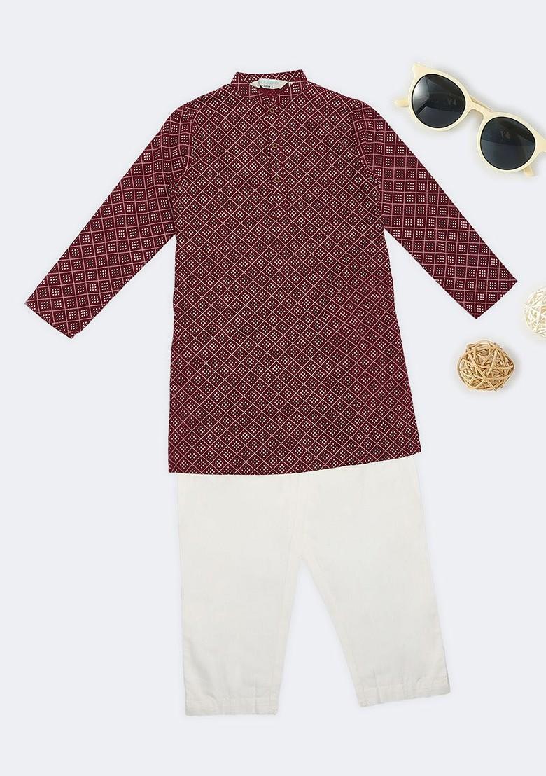 Maroon Printed Cotton Kurta Set For Boys - Indya