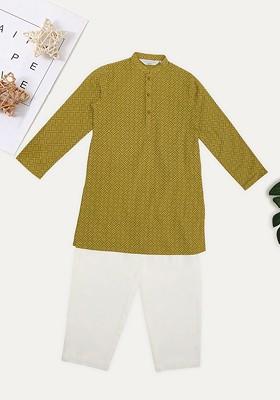 Olive Printed Cotton Kurta Set For Boys