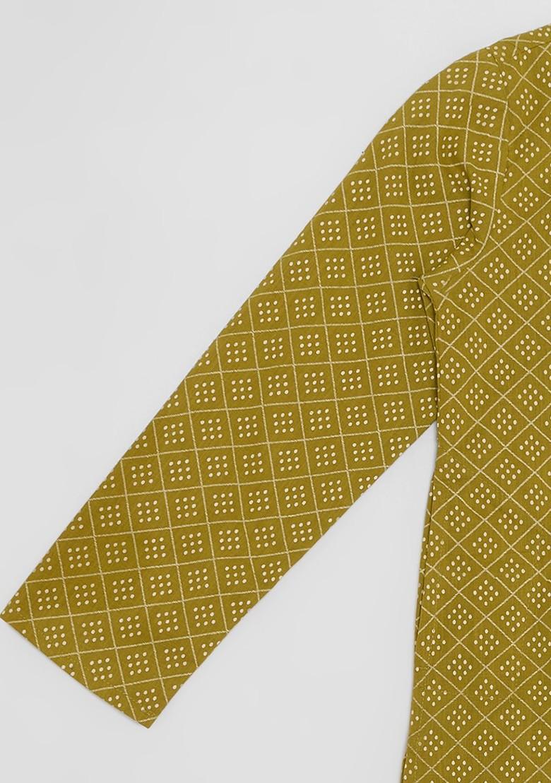 Olive Printed Cotton Kurta Set For Boys - Indya