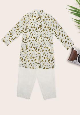 White Printed Cotton Kurta Set For Boys