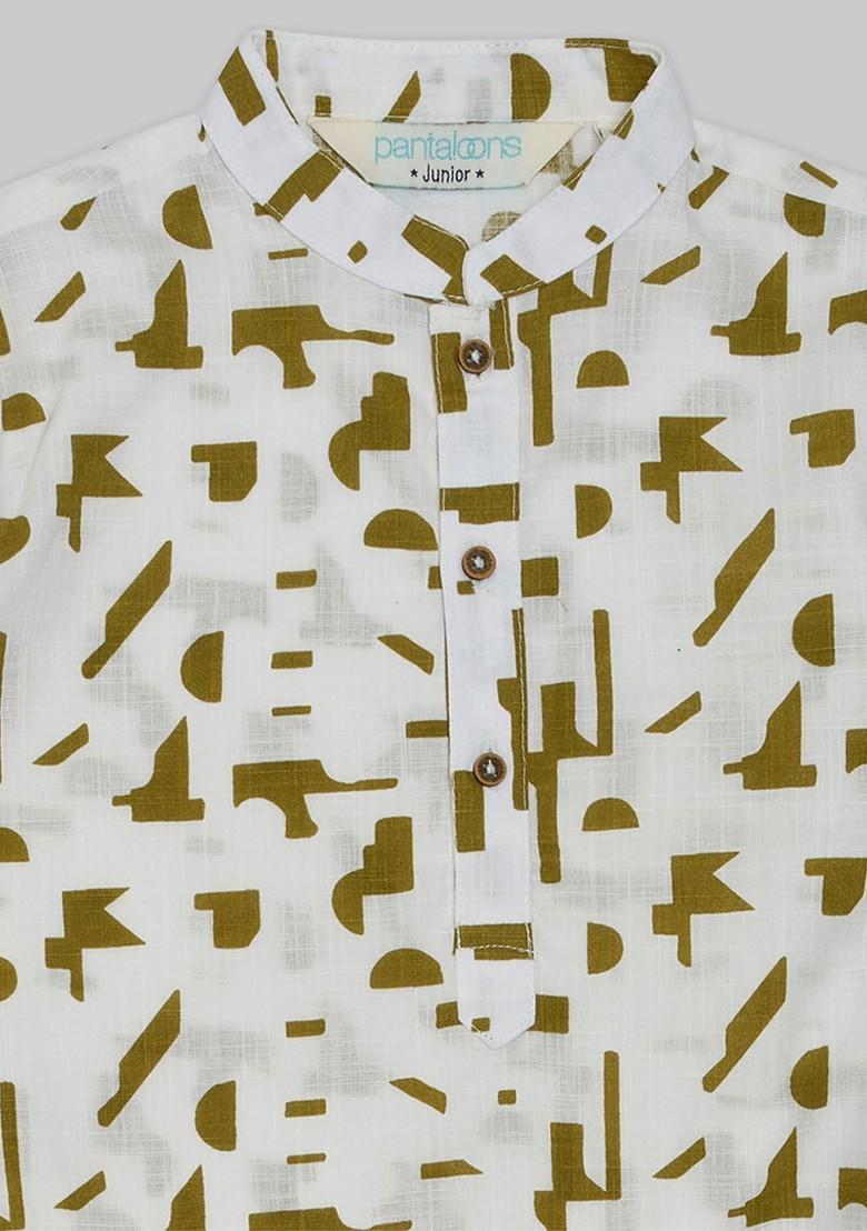 White Printed Cotton Kurta Set For Boys - Indya