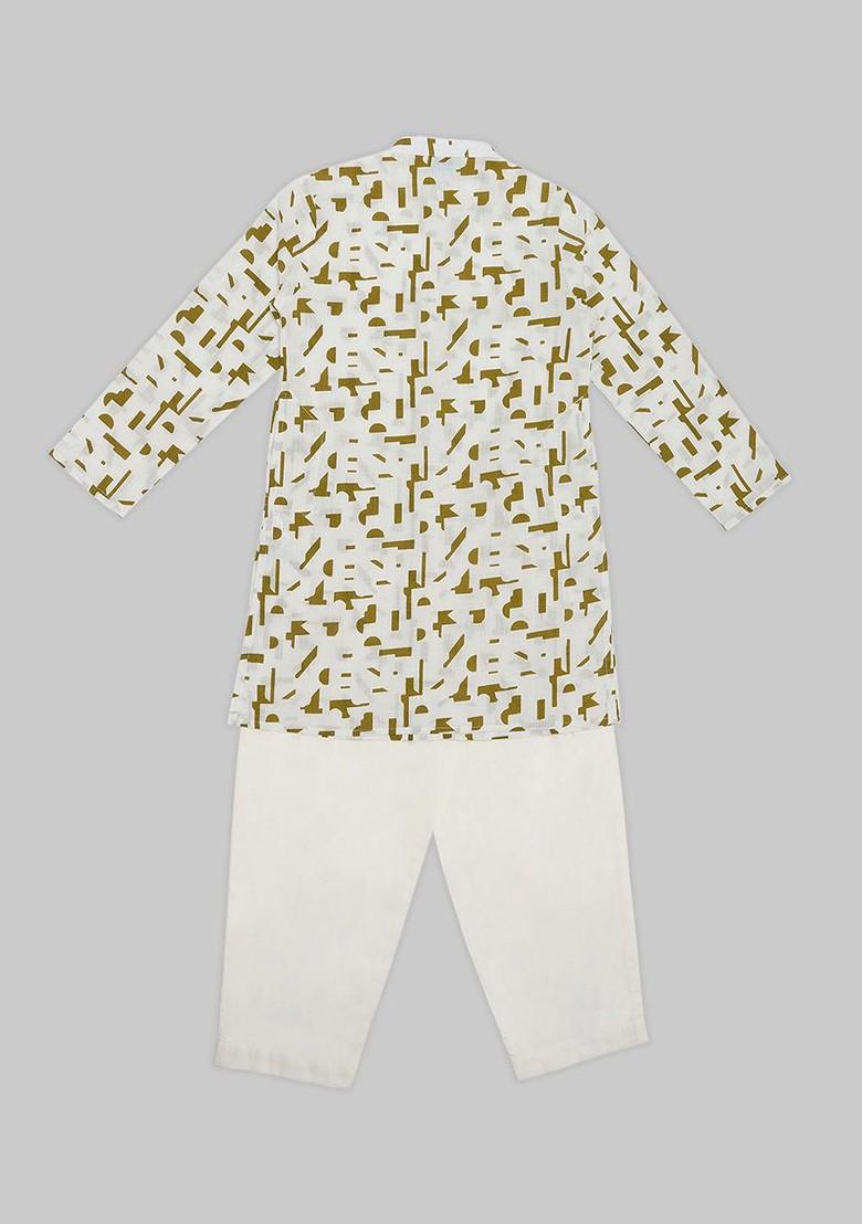 White Printed Cotton Kurta Set For Boys - Indya