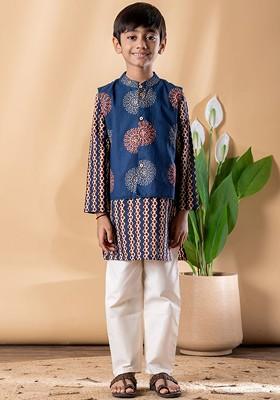 Blue Printed Cotton Kurta Set For Boys