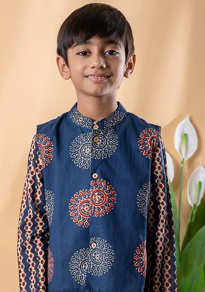 Blue Printed Cotton Kurta Set For Boys - Indya