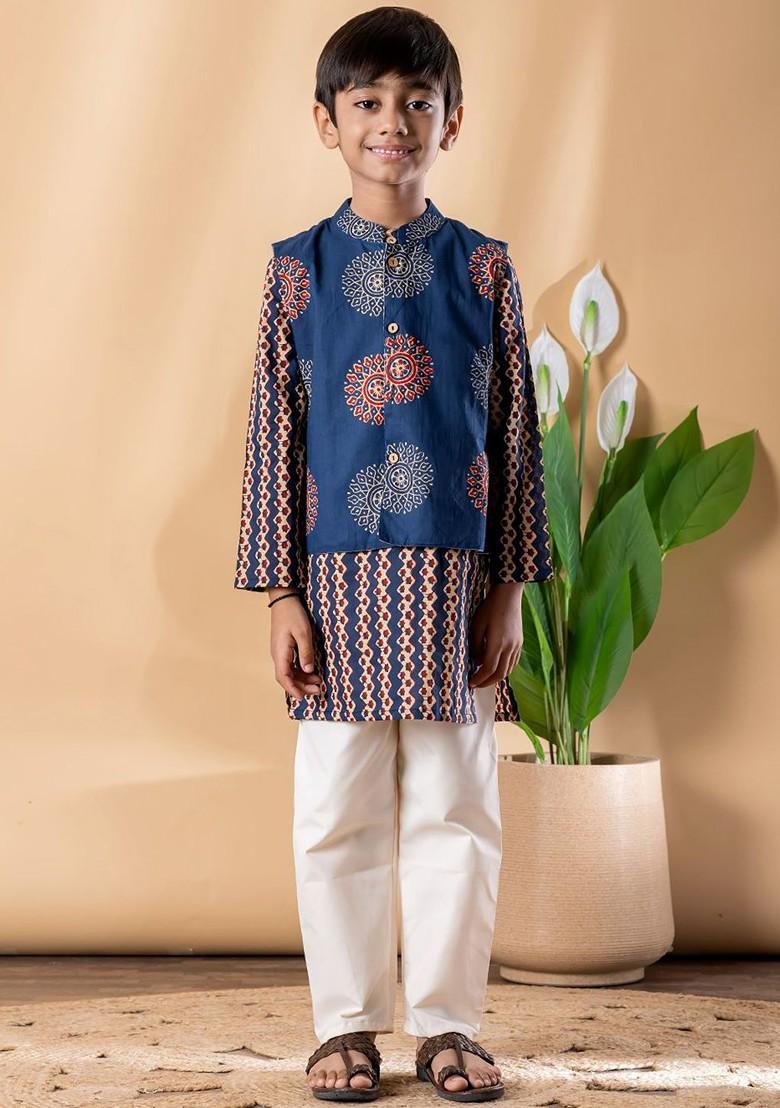 Blue Printed Cotton Kurta Set For Boys - Indya
