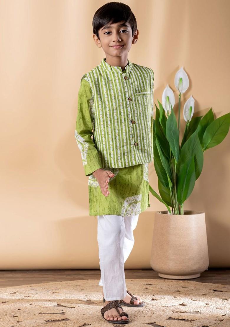 Green Printed Cotton Nehru Jacket Set For Boys - Indya