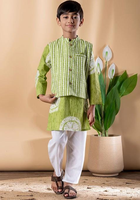 Green Printed Cotton Nehru Jacket Set For Boys — view on Indya