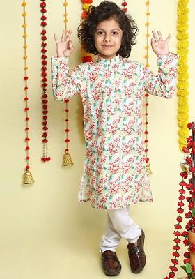 White Printed Cotton Kurta Set For Boys