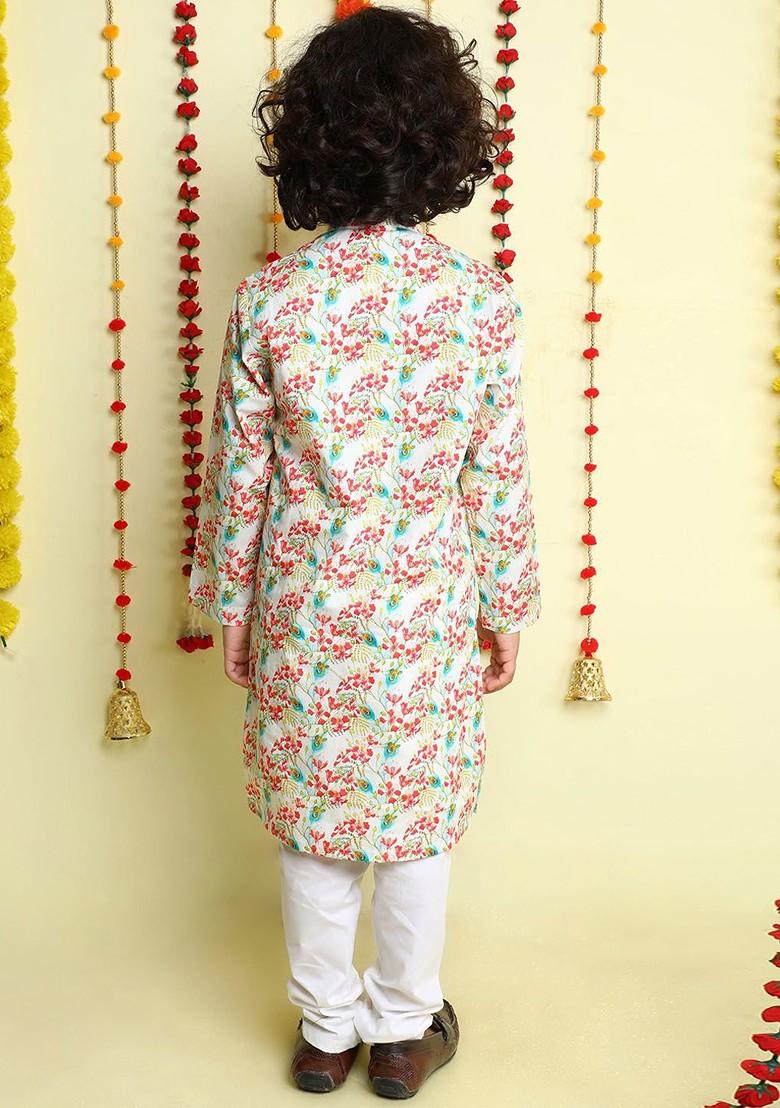 White Printed Cotton Kurta Set For Boys - Indya