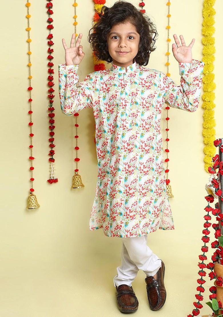 White Printed Cotton Kurta Set For Boys - Indya
