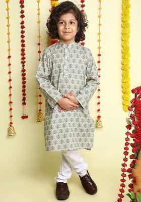 Off White Printed Cotton Kurta Set For Boys
