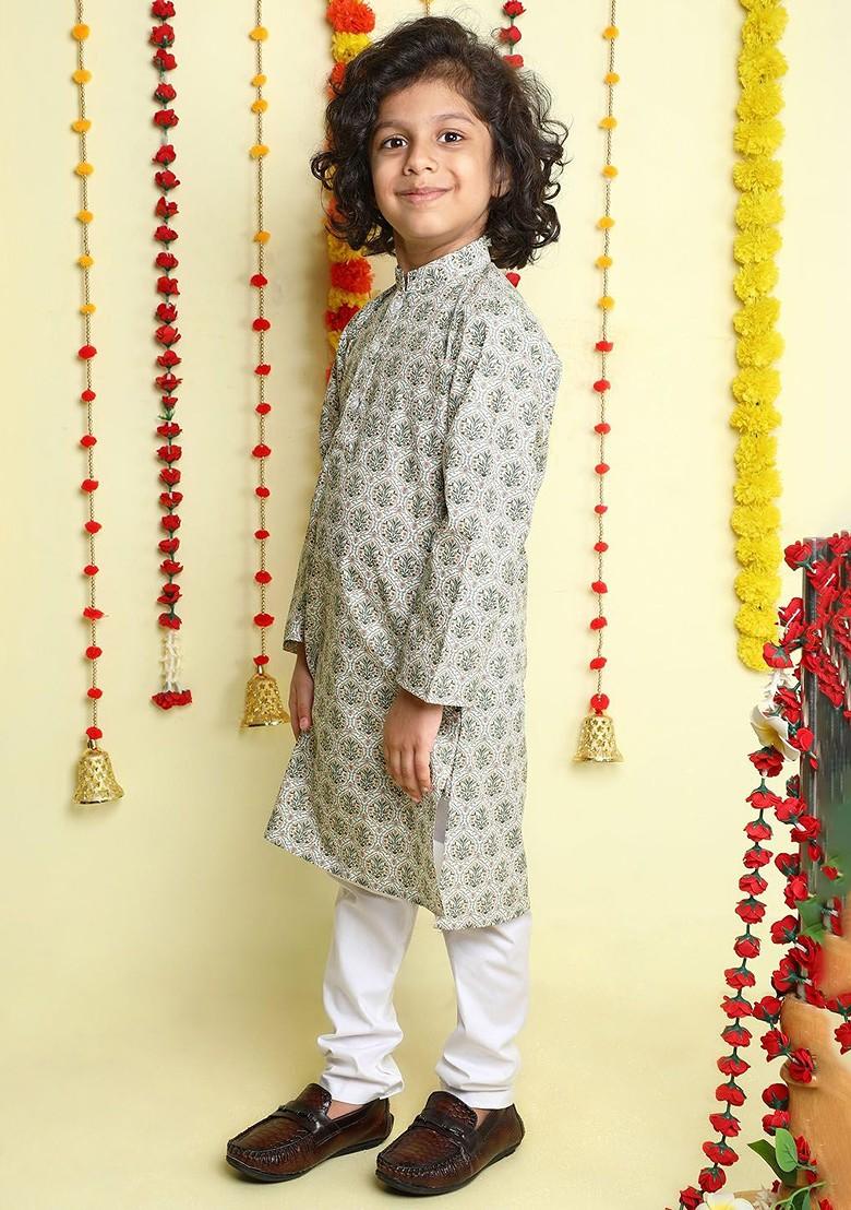Off White Printed Cotton Kurta Set For Boys - Indya