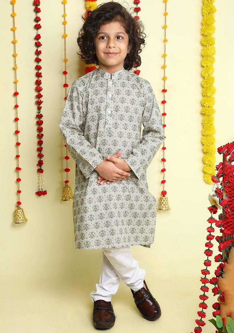 Off White Printed Cotton Kurta Set For Boys - Indya