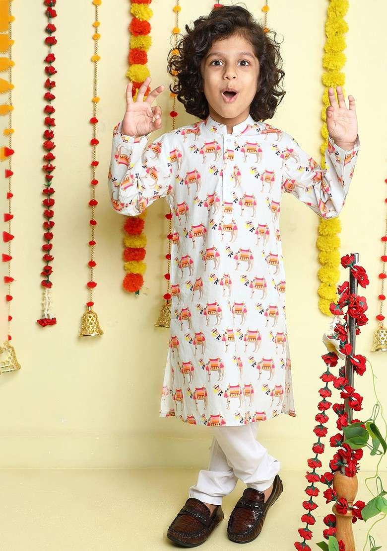 White Printed Cotton Kurta Set For Boys - Indya
