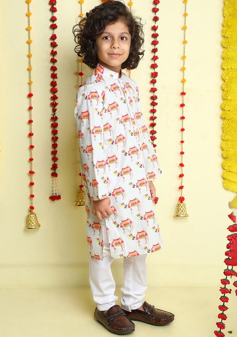 White Printed Cotton Kurta Set For Boys - Indya