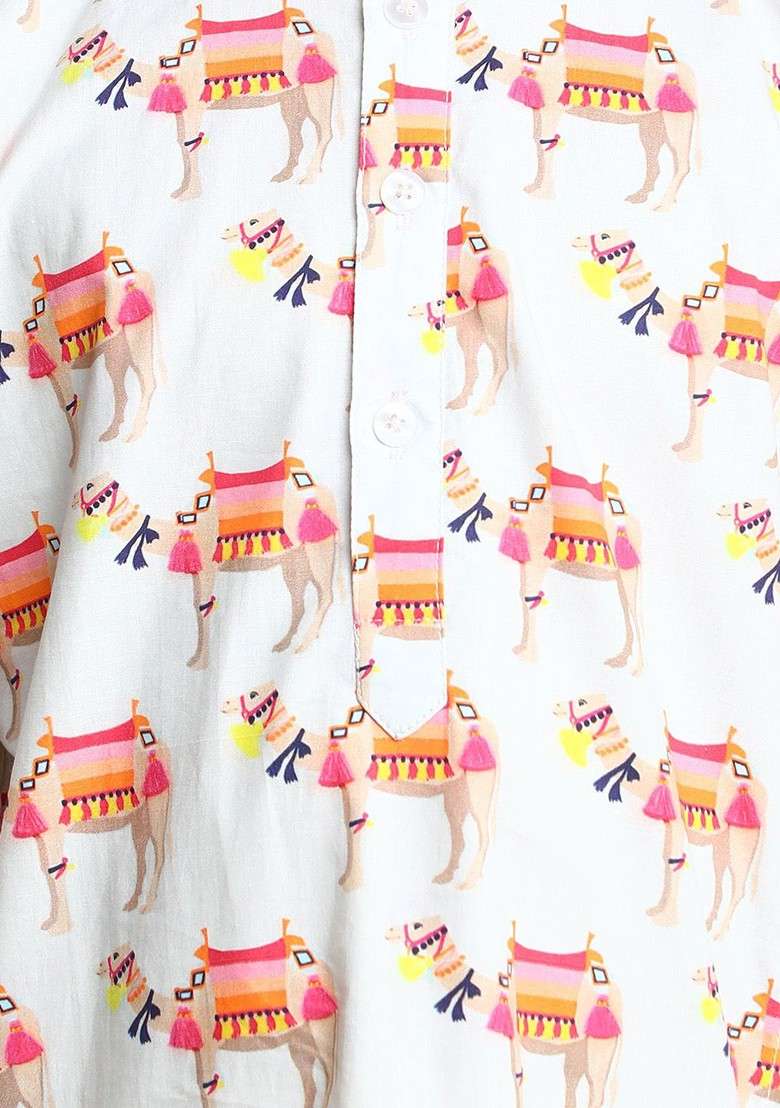 White Printed Cotton Kurta Set For Boys - Indya