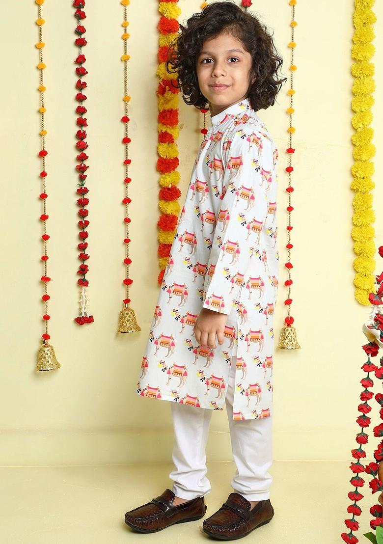 White Printed Cotton Kurta Set For Boys - Indya