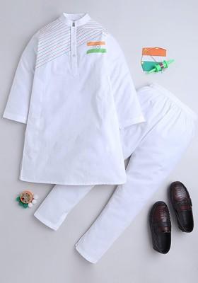 White Embroidered Blended Kurta Set For Boys
