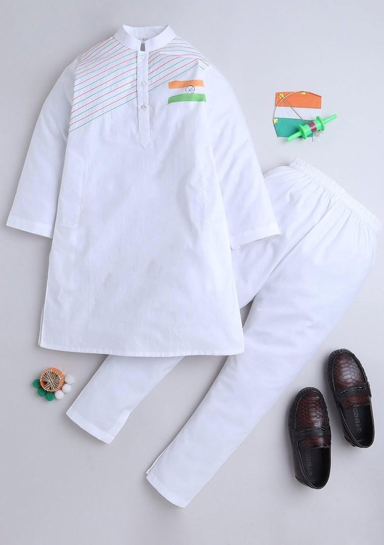 White Embroidered Blended Kurta Set For Boys - Indya