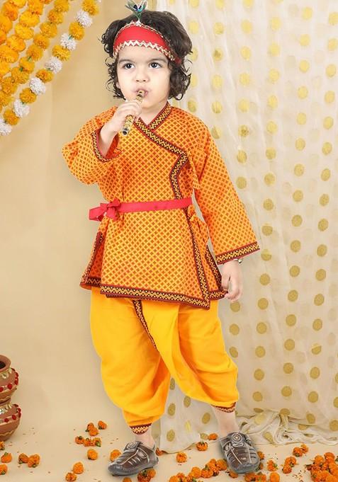 Yellow Printed Cotton Kurta Dhoti Set For Boys