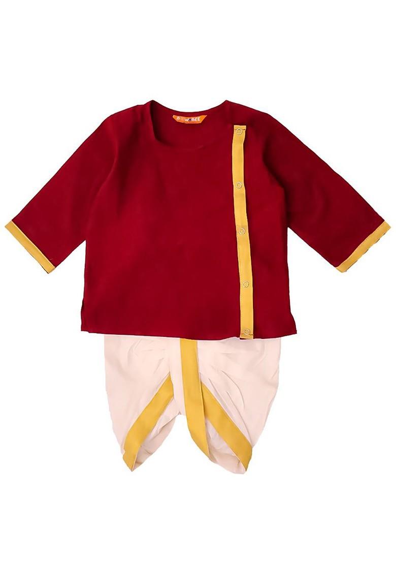 Maroon Solid Cotton Kurta Dhoti Set For Boys - Indya