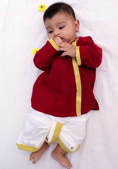 Maroon Solid Cotton Kurta Dhoti Set For Boys