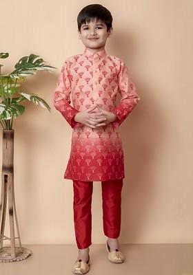 Peach Printed Silk Kurta Set For Boys