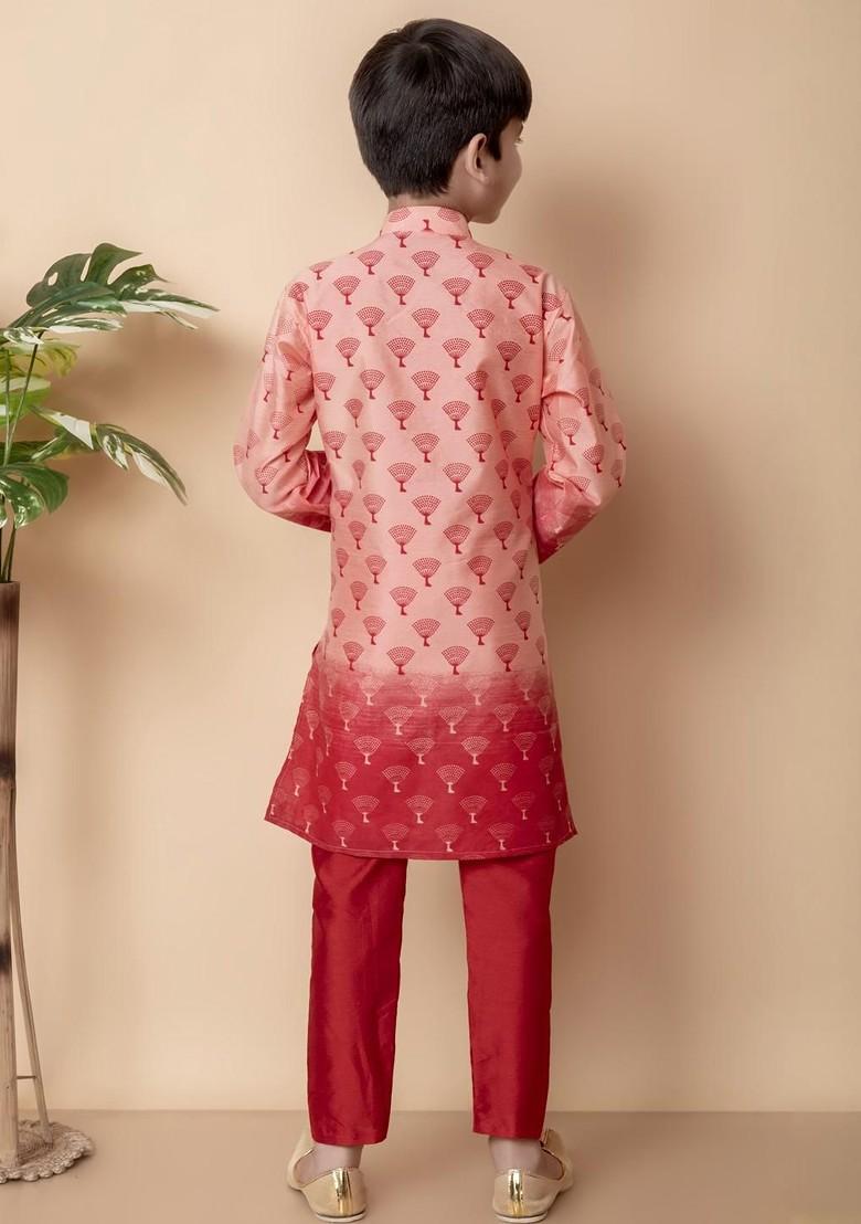Peach Printed Silk Kurta Set For Boys - Indya