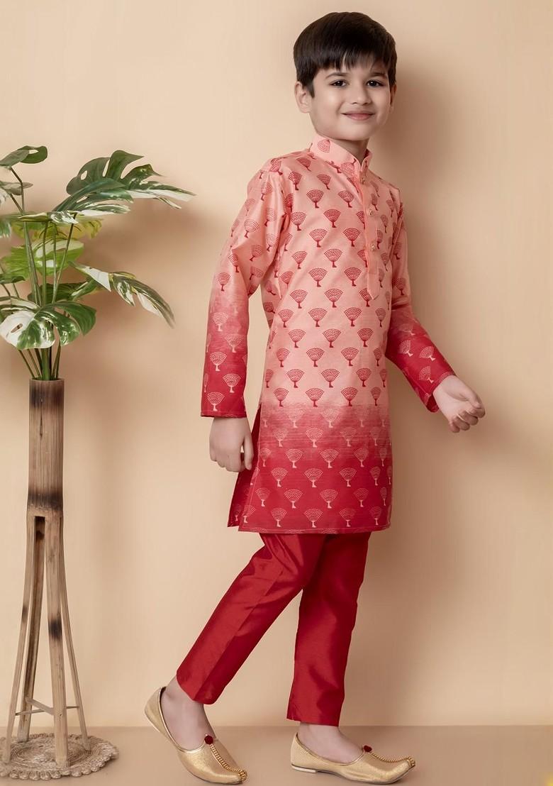 Peach Printed Silk Kurta Set For Boys - Indya