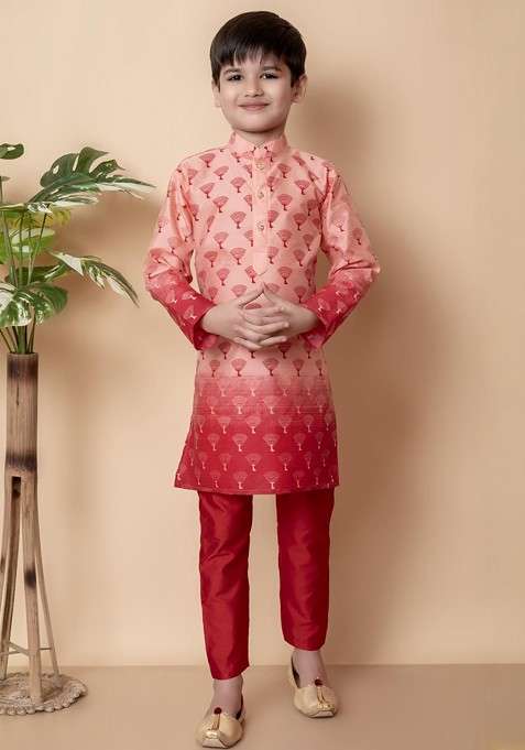 Peach Printed Silk Kurta Set For Boys