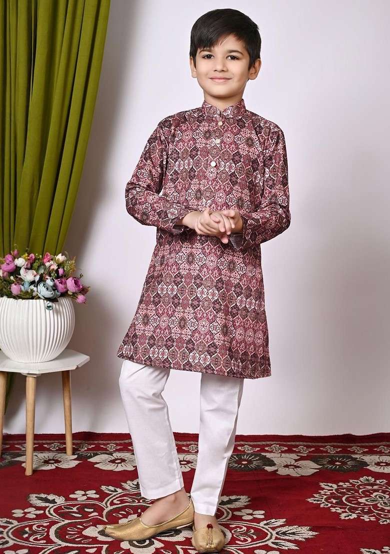 Multi Embroidered Blended Kurta Set For Boys - Indya