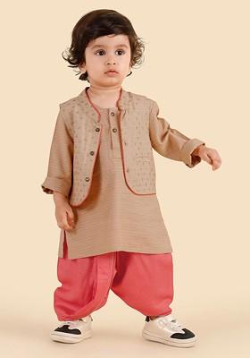Beige Printed Blended Nehru Jacket Set For Boys