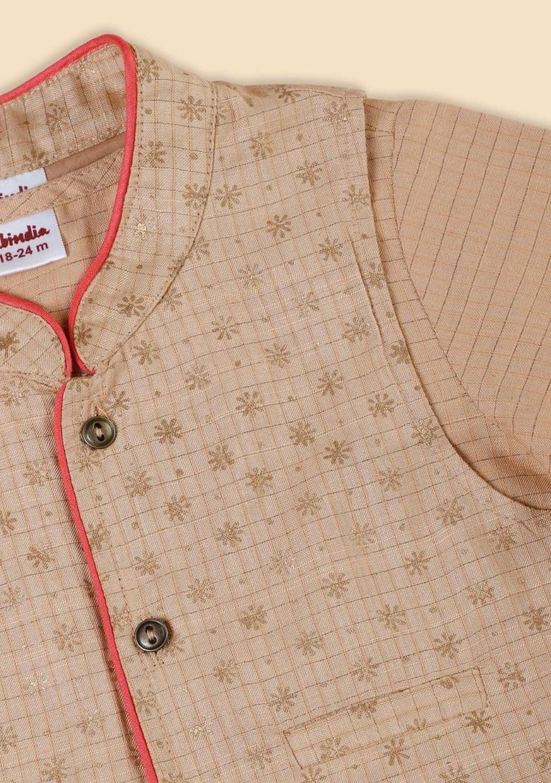 Beige Printed Blended Nehru Jacket Set For Boys - Indya